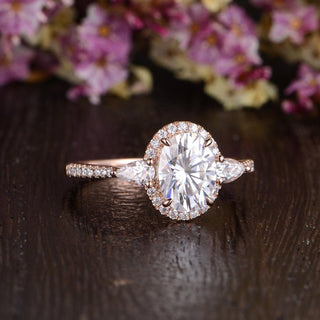 0.75CT Oval Halo Diamond Three Stone Moissanite Engagement Ring