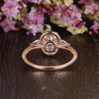 0.75CT Oval Halo Diamond Three Stone Moissanite Engagement Ring