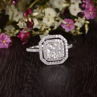 0.91CT Radiant Cut Double Halo Moissanite Diamond Engagement Ring