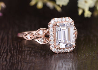 1.0CT Emerald Cut Halo Moissanite Diamond Engagement Ring