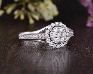 1.0CT Round Cut Halo Diamond Unique Pave Moissanite Engagement Ring