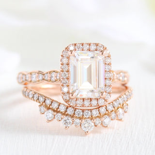 1.80 CT Emerald Cut Moissanite Halo Bridal Engagement Ring Set