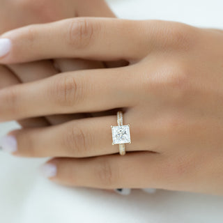 Bague de fiançailles avec diamants taille princesse CVD de 1,0 à 3,0 ct, style halo caché et pavé