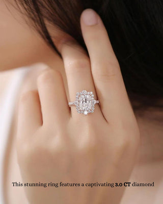 Anillo de compromiso con engaste pavé de halo de diamantes CVD radiante de 1,0 CT a 3,0 CT