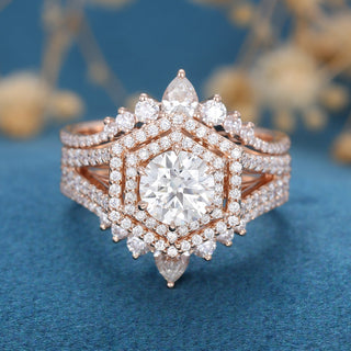 Ensemble de mariage avec diamants ronds en moissanite et double halo de 0,88 ct