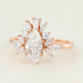 0.90 CT Marquise Shaped Moissanite Cluster Engagement Ring