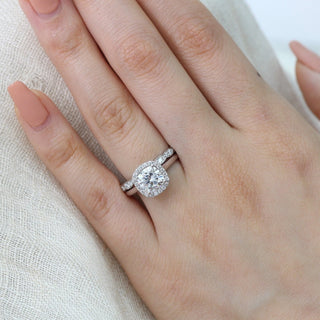 1.50CT Cushion Cut Moissanite Halo Bridal Engagement Ring Set