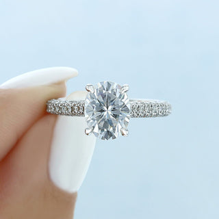 1.93ct Oval Hidden Halo Moissanite Diamond Three Sided Pave Engagement Ring