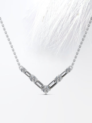 Round & Baguette Cut Moissanite Diamond V Shape Necklace for Women