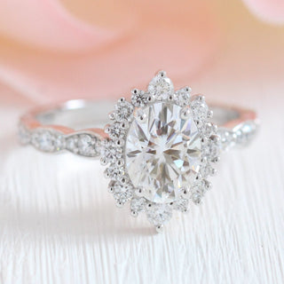 1.50CT Oval Vintage Pave Moissanite Diamond Halo Engagement Ring