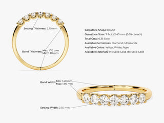 Anillo de boda de moissanita de siete piedras de corte redondo de 0,35 quilates para mujer en oro macizo de 14 quilates