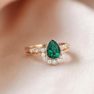 Ensemble de bagues de mariage vintage en forme de poire verte de 1,93 ct pour elle 