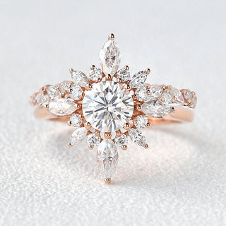 Bague marquise florale en or massif 18 carats avec moissanite taille ronde de 1,0 ct pour elle 