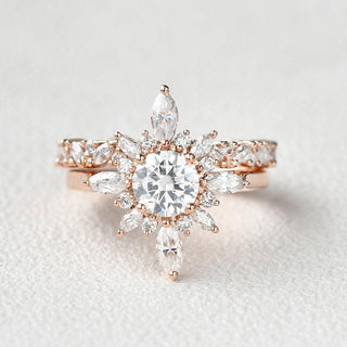 Bague marquise florale en or massif 18 carats avec moissanite taille ronde de 1,0 ct pour elle 