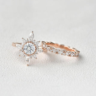 Bague marquise florale en or massif 18 carats avec moissanite taille ronde de 1,0 ct pour elle 