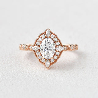 0.94 CT Oval Shaped Moissanite Vintage Halo Engagement Ring