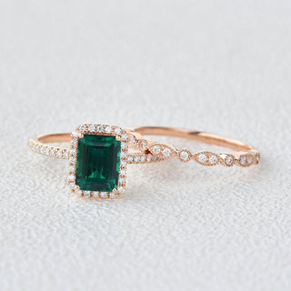 2.30 Ct Emerald & Moissanite Halo Gold Bridal Ring Set 18K Rose Gold For Her