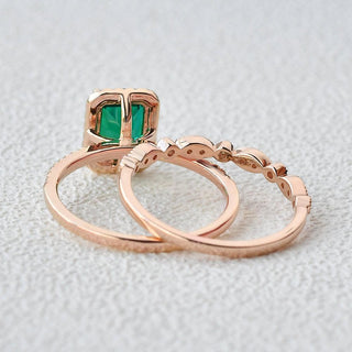 2.30 Ct Emerald & Moissanite Halo Gold Bridal Ring Set 18K Rose Gold For Her