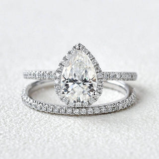 1.50 CT Pear Cut Moissanite Diamond Halo Engagement Ring Bridal Set