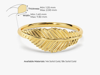 14k Solid Feather Wedding Band For Women, Anniversary Gift For Her