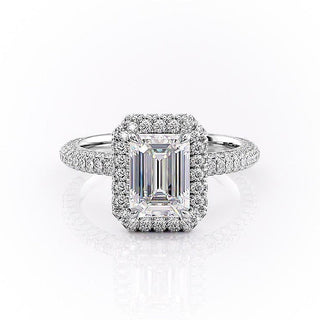 Bague de fiançailles en moissanite à triple pavé et halo taille émeraude de 1,91 ct