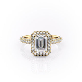 Bague de fiançailles en moissanite à triple pavé et halo taille émeraude de 1,91 ct