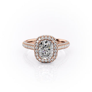 Bague de fiançailles en moissanite à triple pavé et halo taille coussin allongé de 2,0 ct