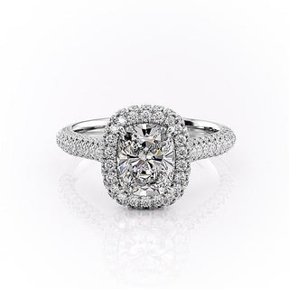 Bague de fiançailles en moissanite à triple pavé et halo taille coussin allongé de 2,0 ct