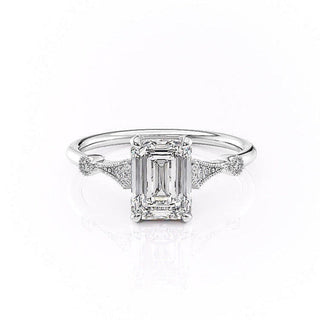 Bague de fiançailles en moissanite solitaire taille émeraude de 1,91 ct avec pavé milgrain