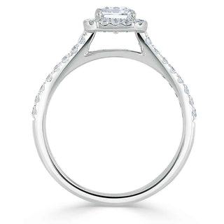 Bague de fiançailles à tige fendue avec halo en moissanite de forme radiante de 0,75 ct