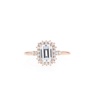 1.00CT Emerald Cut Halo Moissanite Diamond Engagement Ring - ELITE CARAT