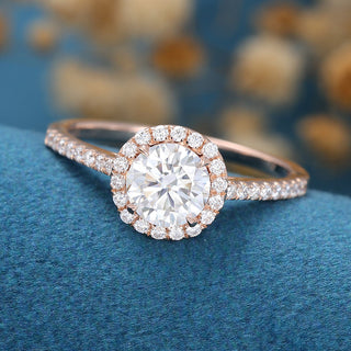 0.68 CT Round Shaped Moissanite Halo Pave Engagement Ring