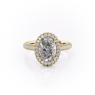 Bague de fiançailles en moissanite à triple pavé et halo ovale de 2,10 ct