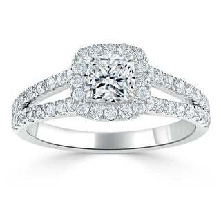 Bague de fiançailles à tige fendue avec halo en moissanite en forme de coussin de 1,0 ct