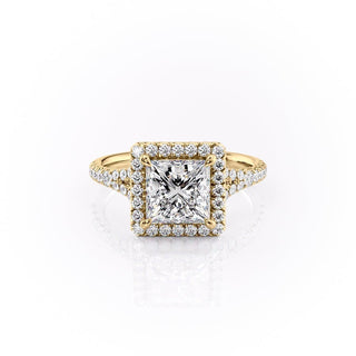 Bague de fiançailles à tige fendue avec halo en moissanite de forme princesse de 2,08 ct