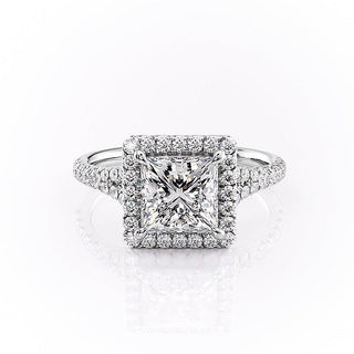 Bague de fiançailles à tige fendue avec halo en moissanite de forme princesse de 2,08 ct