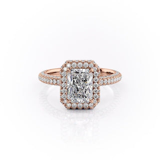 Bague de fiançailles en moissanite à triple pavé et halo à taille radiante de 2,1 ct