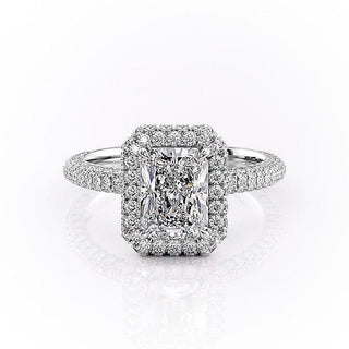 Bague de fiançailles en moissanite à triple pavé et halo à taille radiante de 2,1 ct