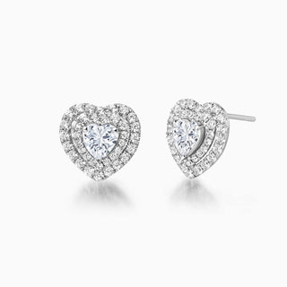 Boucles d'oreilles à tige en diamant double halo et moissanite taille cœur pour elle