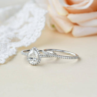 1.50 CT Pear Cut Moissanite Diamond Halo Engagement Ring Bridal Set