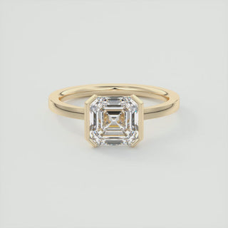 Anillo de compromiso con bisel medio de diamantes y moissanita Asscher East West de 2 quilates en oro amarillo de 14 quilates