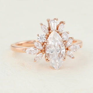 0.90 CT Marquise Shaped Moissanite Cluster Engagement Ring