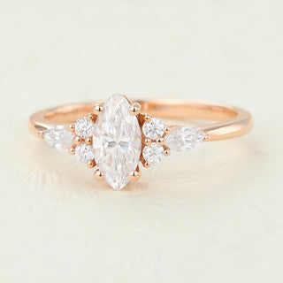 0.47 CT Marquise Shaped Moissanite Cluster Engagement Ring