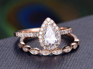 1.0 CT Pear Cut Halo Milgrain Style Moissanite Bridal Ring Set