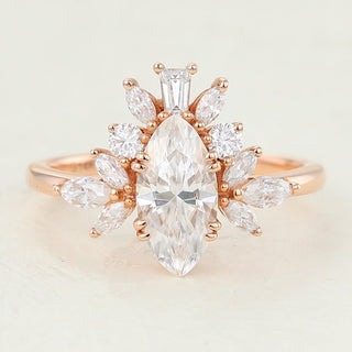 0.90 CT Marquise Shaped Moissanite Cluster Engagement Ring