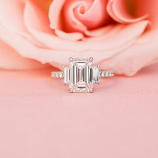 2.75CT Emerald Cut Moissanite Three Stone Pave Diamond Engagement Ring - ELITE CARAT