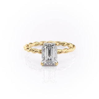 Bague de fiançailles en moissanite taille émeraude de 1,91 ct avec halo caché et sertissage pavé torsadé