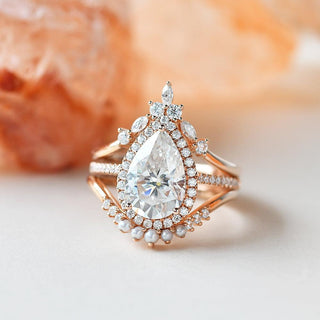 Ensemble de bagues de mariage inspirées du style vintage avec halo en moissanite taille poire de 3,50 ct (3 pièces) 