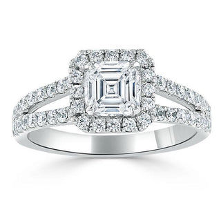 Bague de fiançailles en moissanite taille Asscher de 1,0 ct avec halo à tige fendue