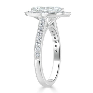 Anillo de compromiso de moissanita con halo de talla marquesa de 1,0 ct y engaste pavé